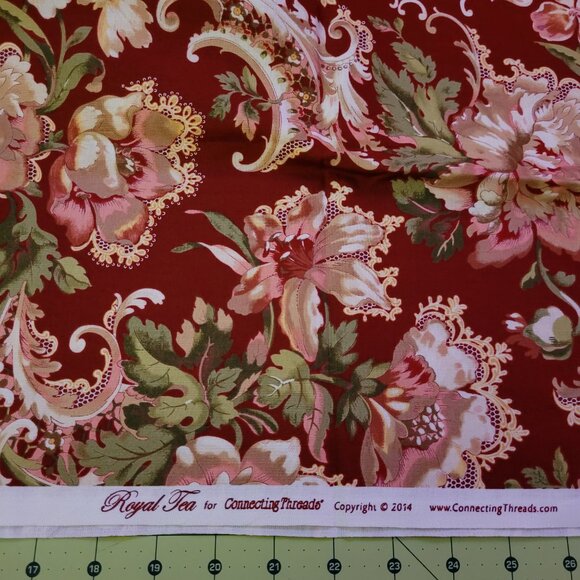 1-1/2 Yards Royal Tea by Connecting Threads Red/Pink Floral Cotton Quilt Fabric - Picture 2 of 4